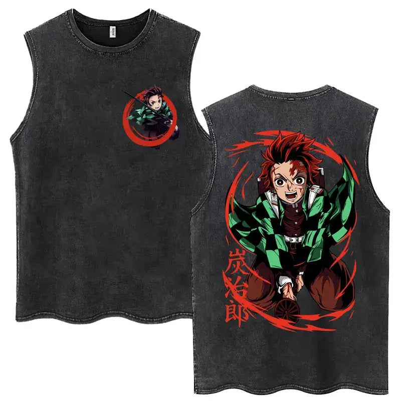 A washed retro Zenitsu Demon Slayer Tank Top featuring Agatsuma Zenitsu manga art, sleeveless cotton summer streetwear for men and women.