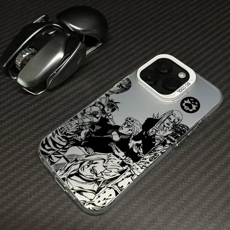 A shockproof JoJo's Bizarre Adventure Phone Case featuring colorful anime art of Jotaro and Dio, compatible with Apple iPhone 16e, 16, 15, and 14 Pro Max.