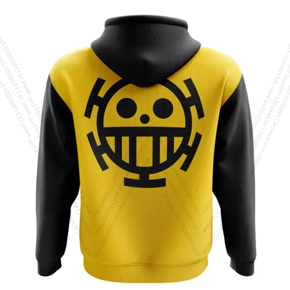 A men's Trafalgar Law Harajuku Hoodie with a cosplay print, designed as a breathable gym and outdoor sports sweatshirt.