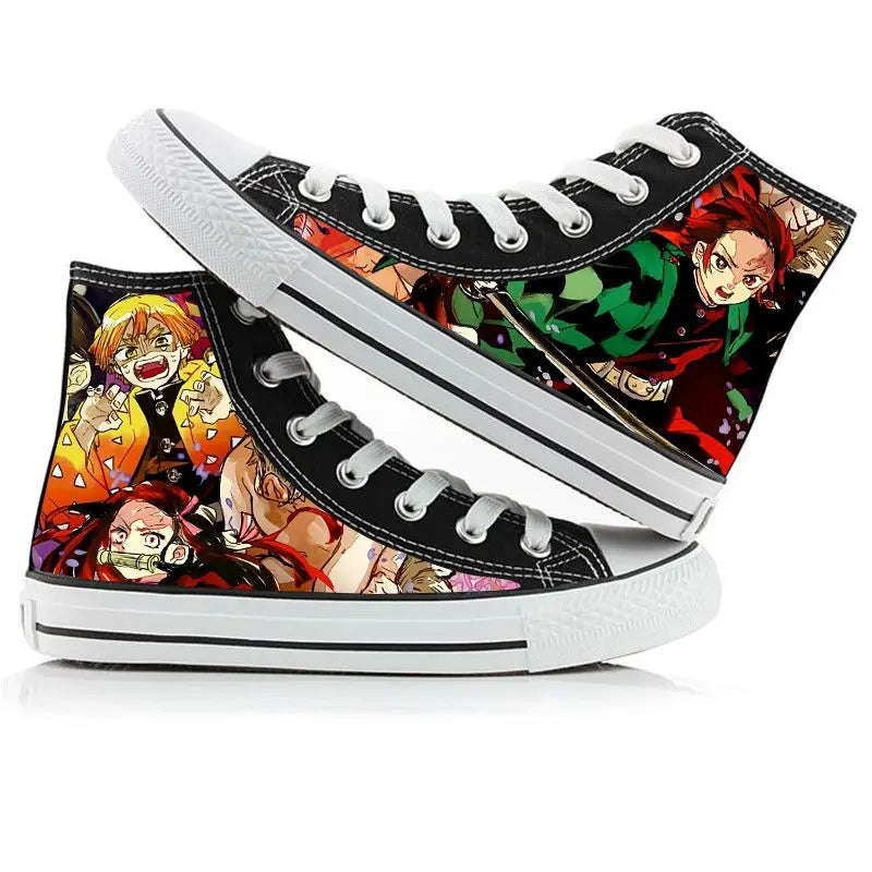 A pair of kawaii Anime Demon Slayer Canvas Shoes in a hand-painted high-top sneaker style for boys and girls.