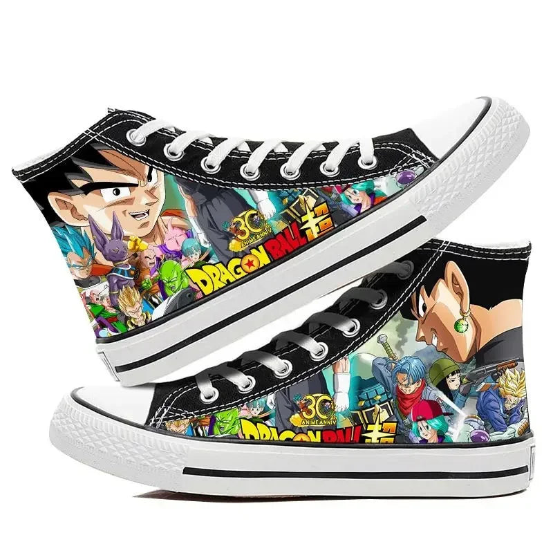 Trendy Dragon Ball High Top Canvas Shoes featuring Goku and Vegeta animation art, breathable flat sneakers for students and fans.