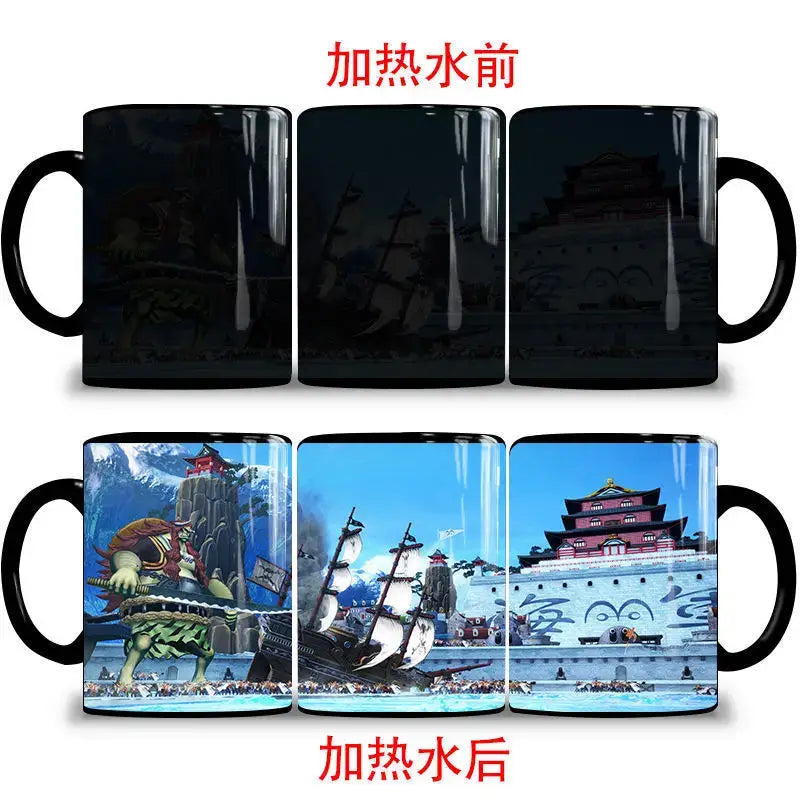 A ceramic One Piece Color Changing Mug revealing Gear 5 Nika Luffy and Fire Fist Ace artwork when filled with hot liquid.