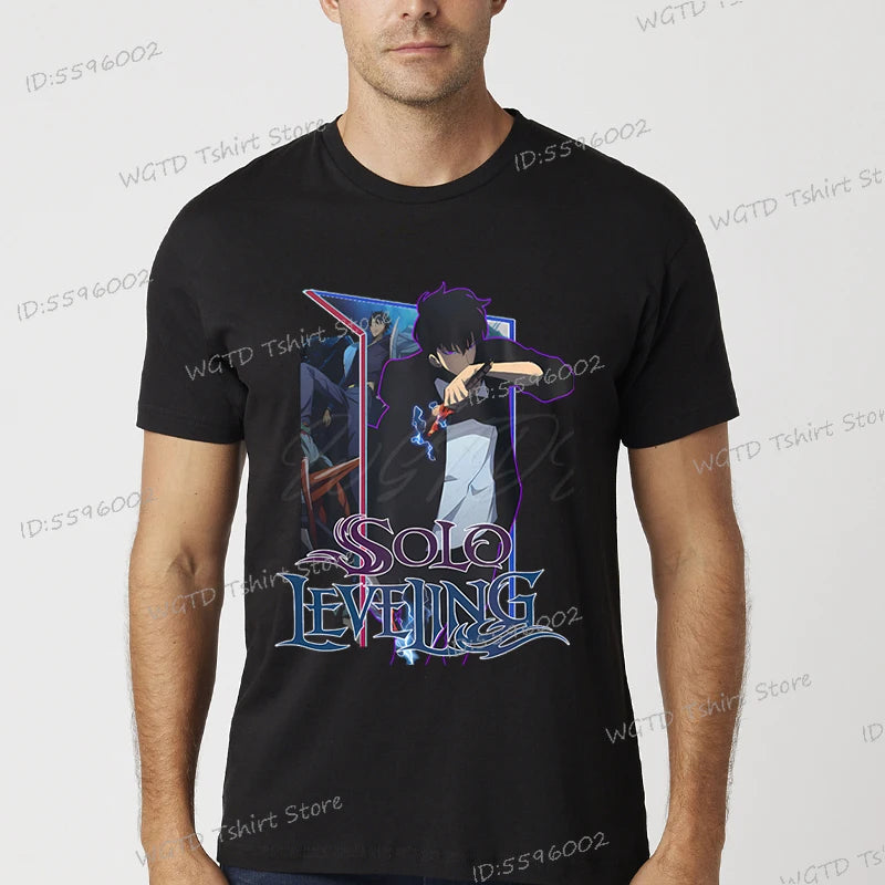 A vintage black Solo Leveling Anime T-Shirt featuring a funny Sung Jinwoo graphic print, available in sizes S to 4XL for men and women.