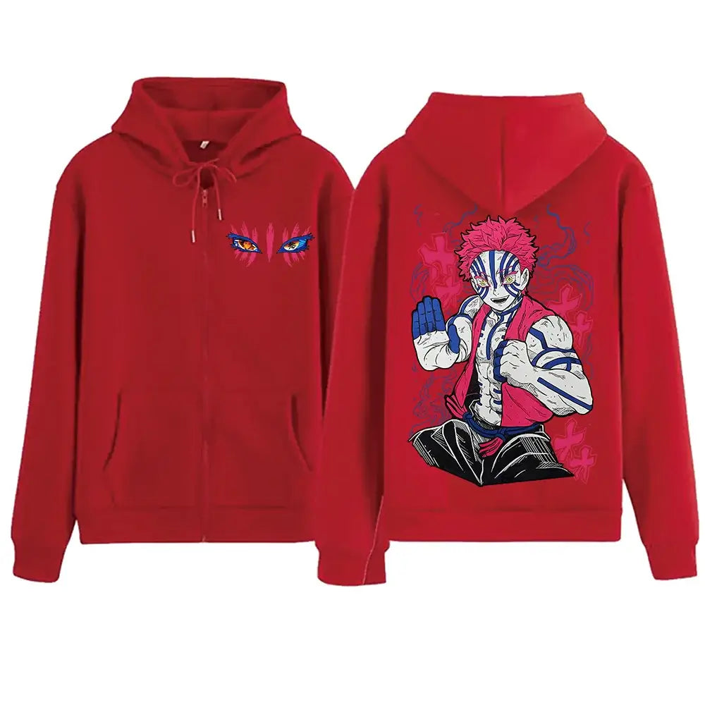 An oversized Harajuku Demon Slayer Akaza Hoodie for men and women, featuring a printed design of Akaza and the Infinity Castle.