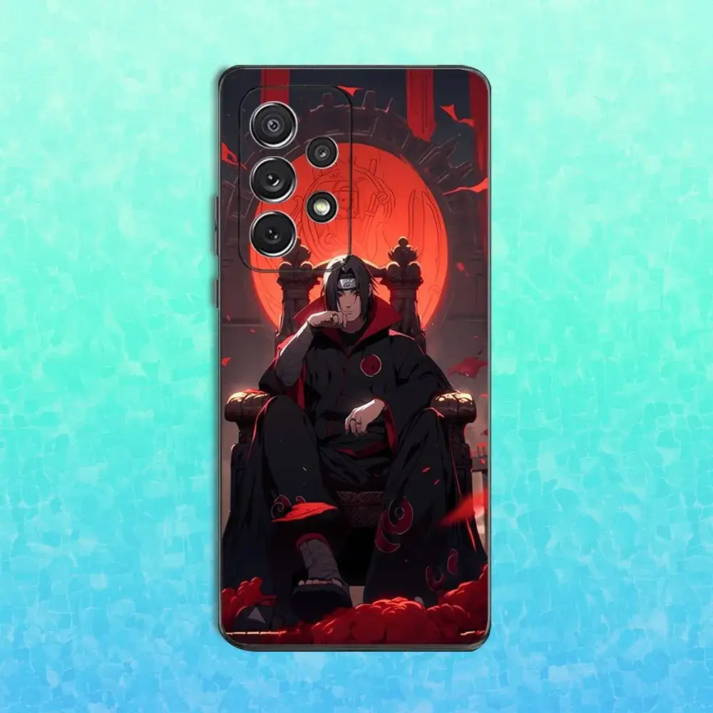 A black soft silicone Itachi Phone Case featuring Uchiha anime art, compatible with Samsung Galaxy S25, S24, S23, S22 Ultra and Plus models.