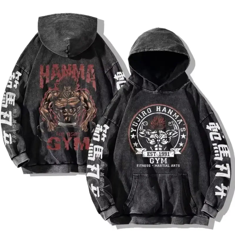 A plus-size Baki Hanma Anime Print Hoodie in a vintage washed cotton Harajuku streetwear style for men and women.