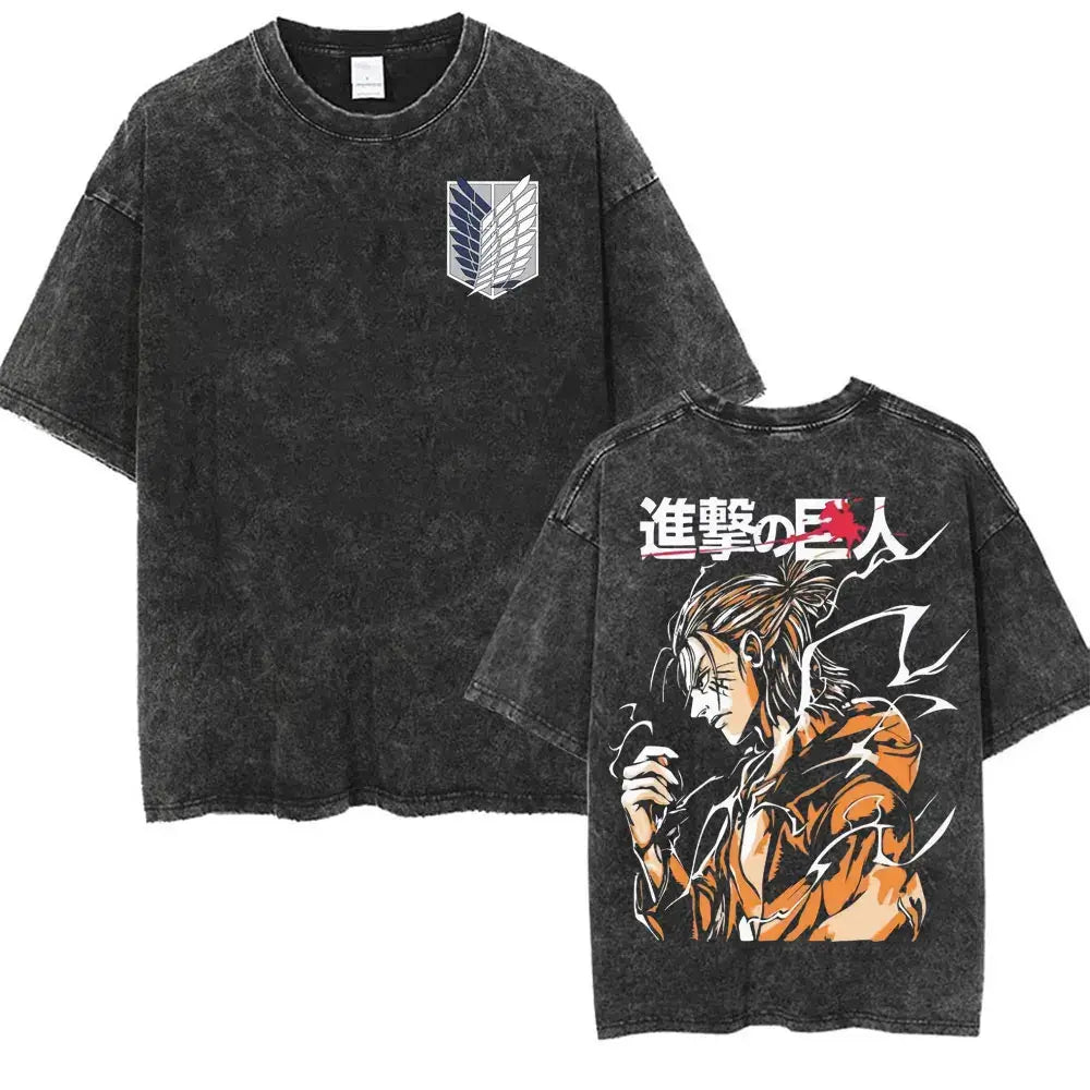 An oversized Attack on Titan Washed T-shirt featuring a vintage Levi Ackerman graphic, a stylish streetwear item for men and women.