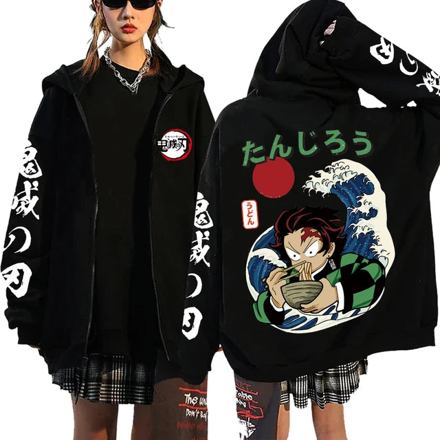 A Y2K style Demon Slayer Zip Up Hoodie featuring a Nezuko Kamado graphic, unisex hip hop streetwear for men and women.