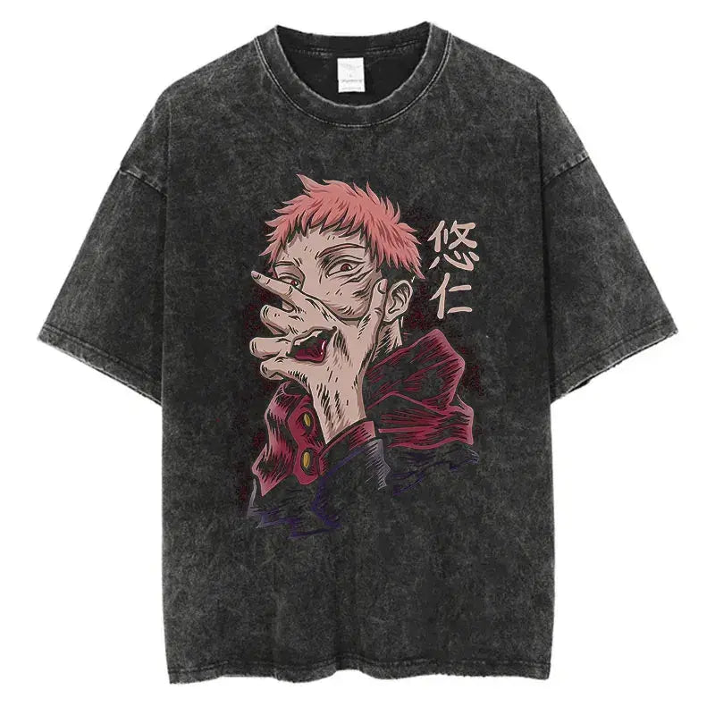 A vintage-style Anime Washed T-shirt made of 100% cotton, featuring an oversized Harajuku streetwear fit for men and women.