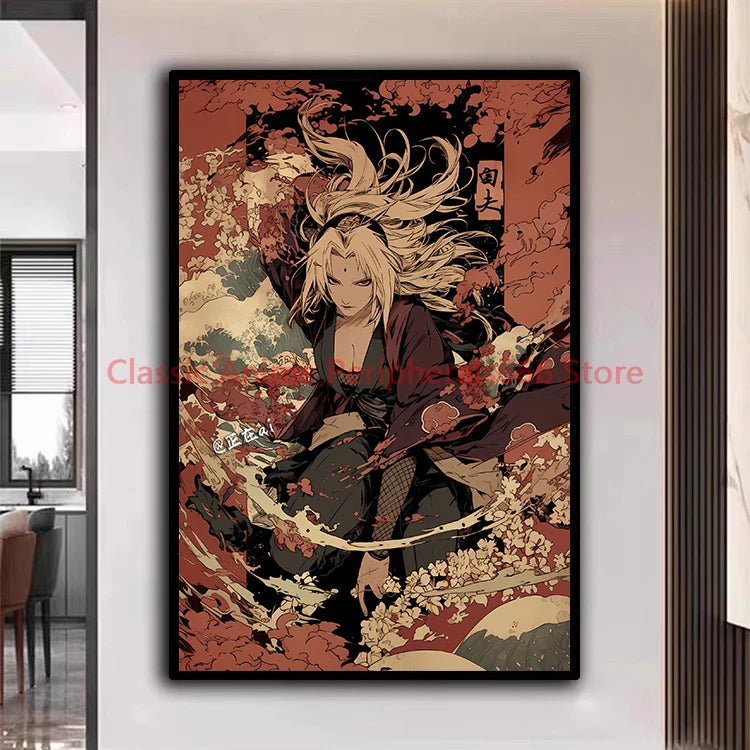 A traditional Ukiyo-e style Naruto Poster canvas painting featuring Akatsuki members Itachi and Sasuke for aesthetic home decor.