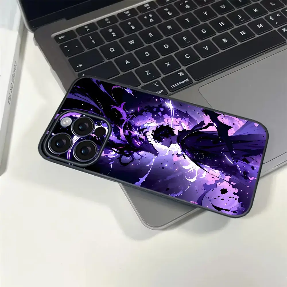 A soft TPU Solo Leveling Phone Case featuring Sung Jinwoo anime art, compatible with Apple iPhone 16, 15, and 14 Pro Max.