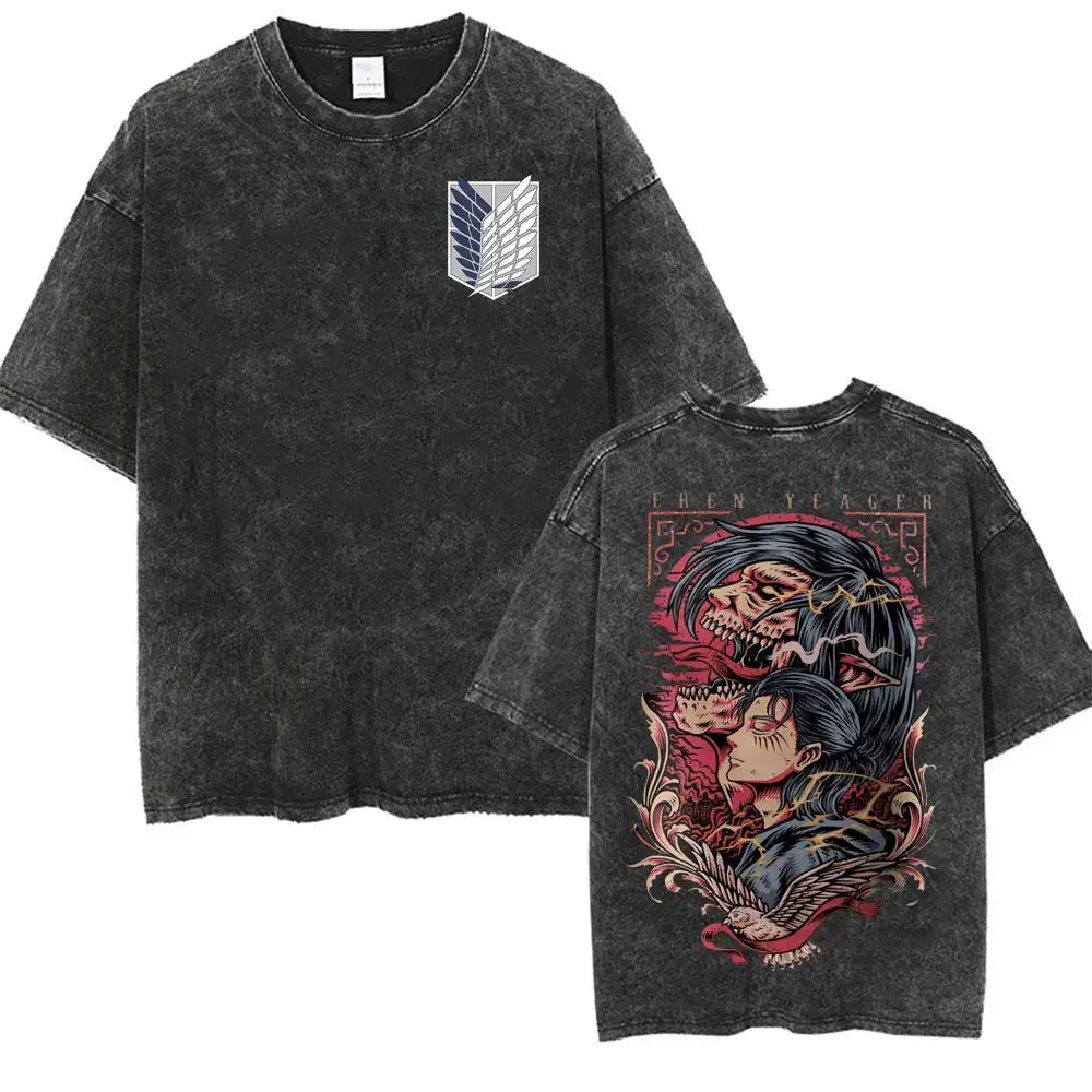 An oversized Attack on Titan Washed T-shirt featuring a vintage Levi Ackerman graphic, a stylish streetwear item for men and women.