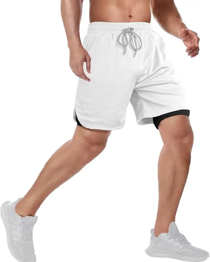A man wearing the white One Piece Running Shorts for the gym, with a double layer and Straw Hat Crew design.