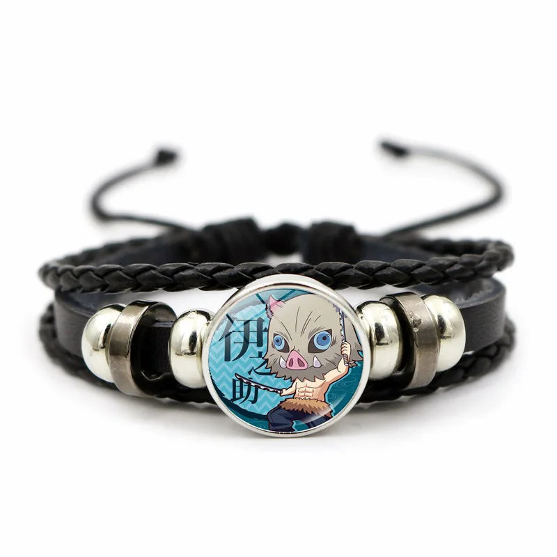 A woven leather Demon Slayer Bracelet featuring a glass art photo charm of Tanjiro Kamado and Nezuko, designed as an anime accessory for fans.