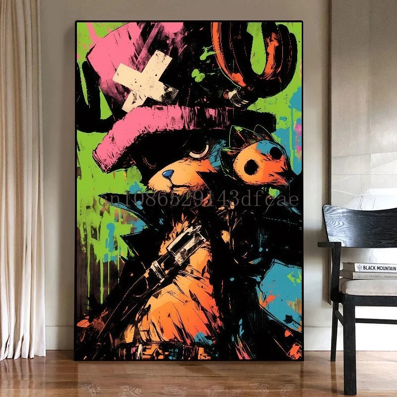 A high-quality One Piece Canvas Print featuring classic Japanese anime characters like Luffy, designed as unframed wall art for living room decoration.