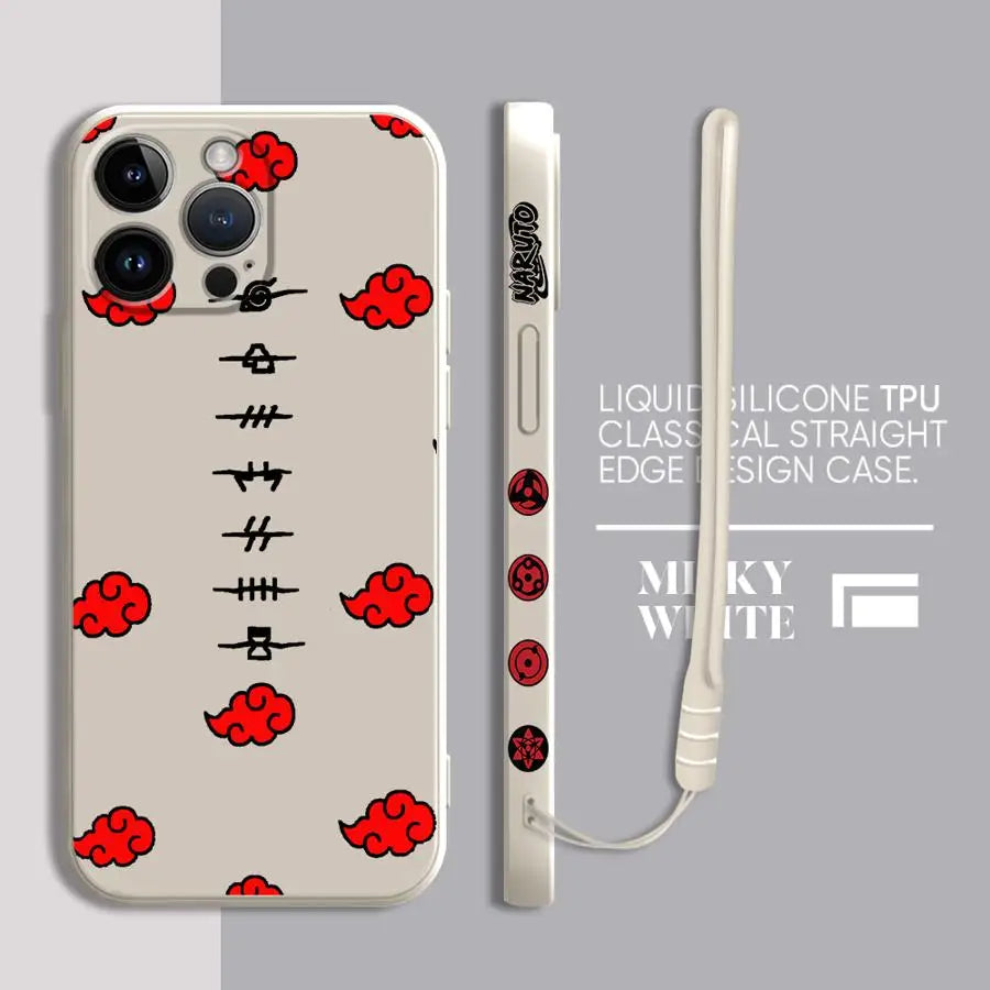 A black Akatsuki Cloud Phone Case featuring the red cloud symbol pattern, compatible with Apple iPhone 16, 15, 14 Pro Max, and 13.