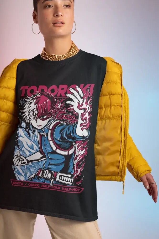 An oversized Shoto Todoroki T-Shirt featuring colorful anime graphic art of Shoto, Dabi, and All Might styled for women's streetwear.