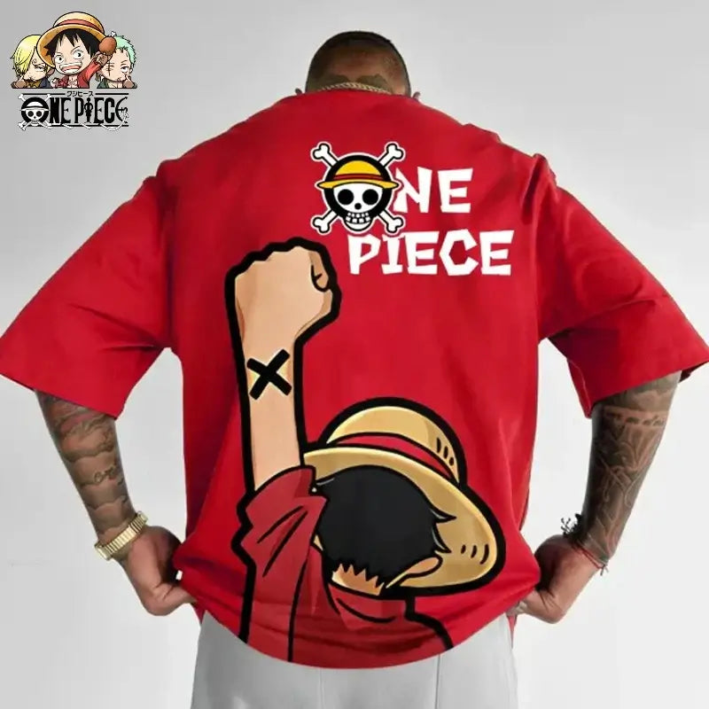 A fashionable One Piece Graphic T-Shirt in an oversized streetwear fit, featuring a high-quality anime print of Monkey D. Luffy and Roronoa Zoro.