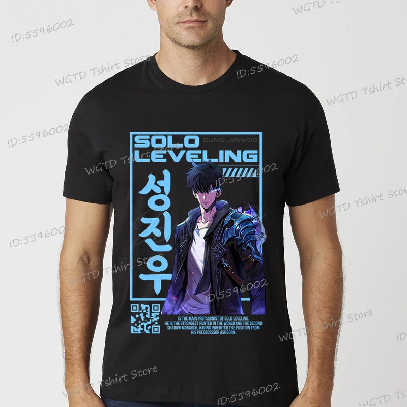A vintage black Solo Leveling Anime T-Shirt featuring a funny Sung Jinwoo graphic print, available in sizes S to 4XL for men and women.