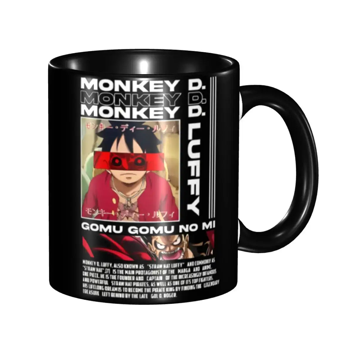 A ceramic Monkey D Luffy Quotes One Piece Mug featuring funny anime text and pirate character art, designed as a durable present for kids.