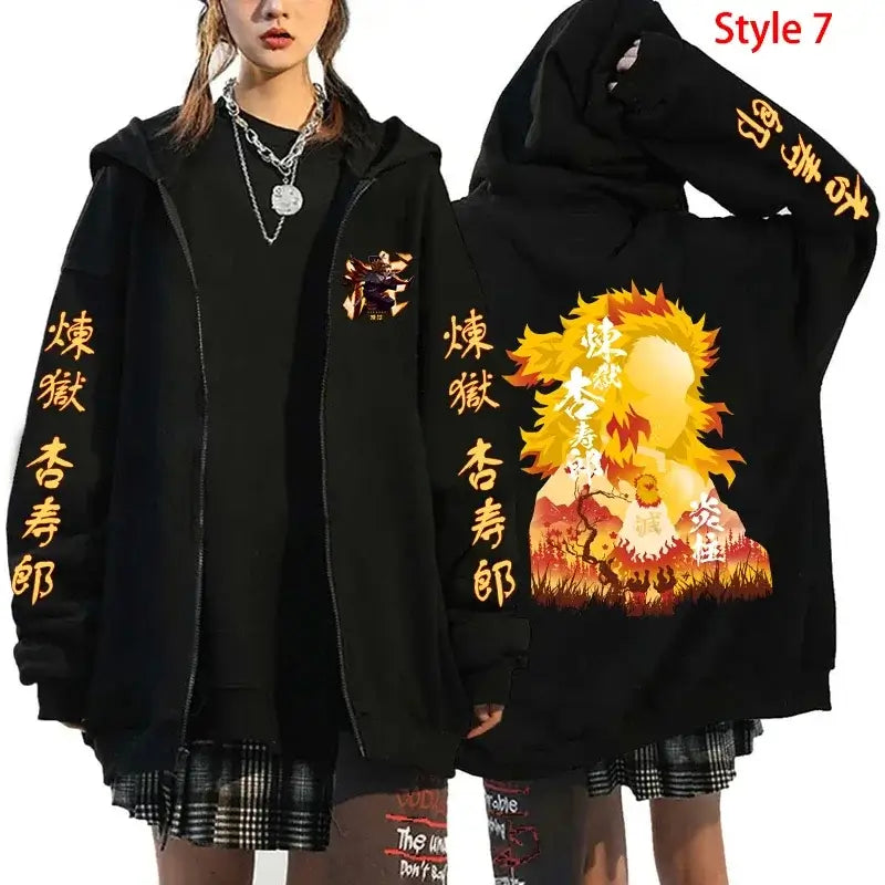A stylish Rengoku Zipper Hoodie featuring Kyoujurou anime graphics, designed as a casual autumn jacket for men and women.