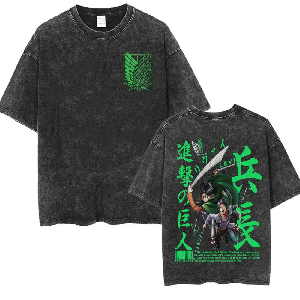 An oversized Attack on Titan Washed T-shirt featuring a vintage Levi Ackerman graphic, a stylish streetwear item for men and women.