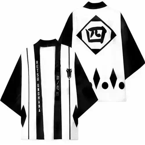 A stylish Bleach Cosplay Kimono cardigan featuring Kurosaki Ichigo and Kenpachi Zaraki designs, functioning as a Haori cloak for parties and cosplay.