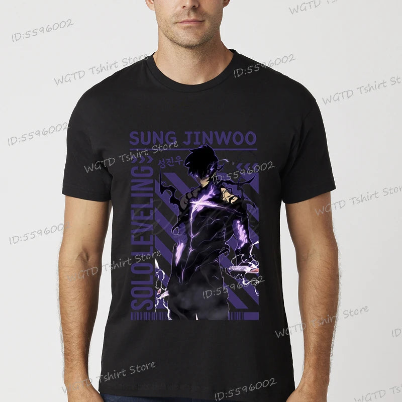 A vintage black Solo Leveling Anime T-Shirt featuring a funny Sung Jinwoo graphic print, available in sizes S to 4XL for men and women.