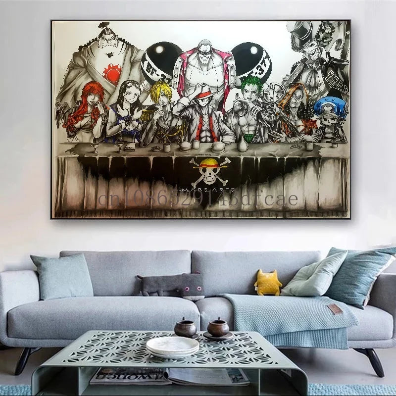 A high-definition One Piece Canvas Painting featuring Monkey D. Luffy in a watercolor art style, hanging on a modern living room wall.
