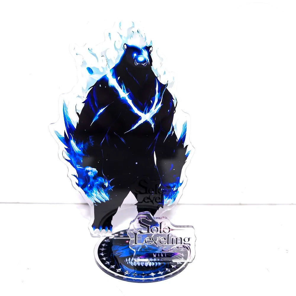 A high-definition 15cm Solo Leveling Acrylic Stand featuring Sung Jinwoo, Sung Jin Ah, and Yoo Jin Ho anime action figures for desk decoration.