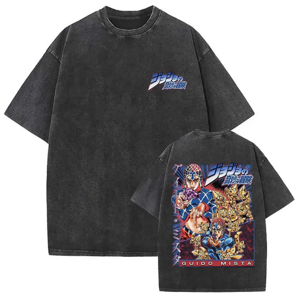 A washed Jojo Bizarre Adventure Vintage T-shirt featuring high-quality manga prints of Jotaro Kujo, Dio, and Giorno for men and women.