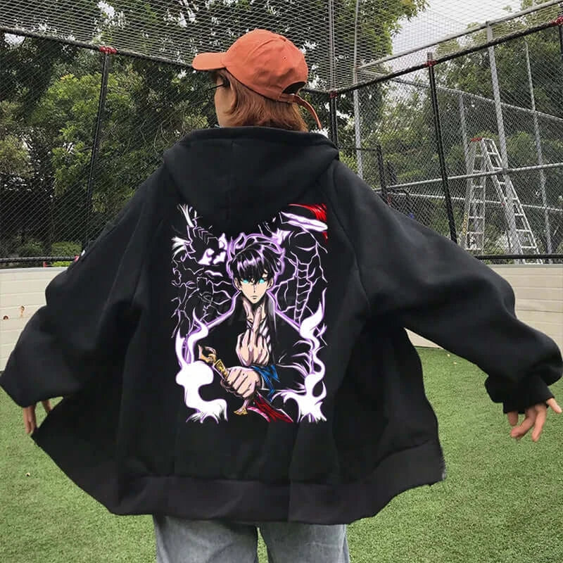 A unisex Solo Leveling Graphic Hoodie with a Sung Jin Woo print, shown in a cool streetwear style.