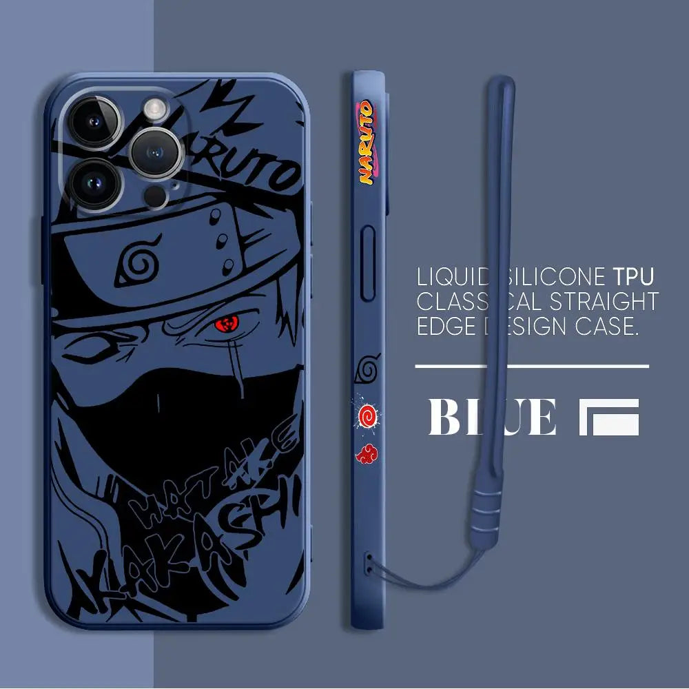 A premium Kakashi Itachi Phone Case featuring square liquid silicone design and anime art for Apple iPhone 15, 14, and 13 Pro Max.