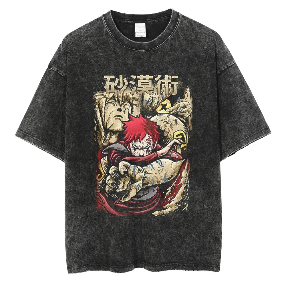 Men's vintage Naruto Rock Lee Streetwear T Shirt in a washed black style, featuring an anime graphic of the taijutsu master.