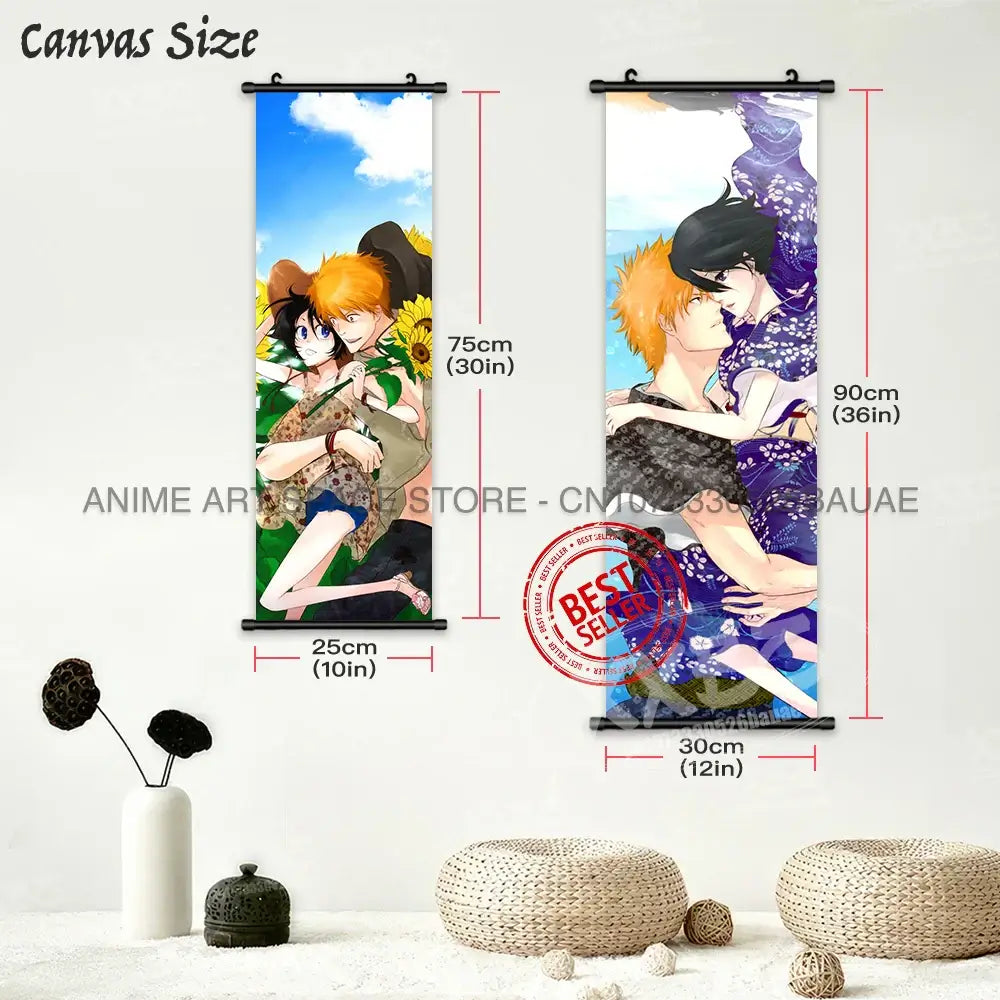 High-quality Bleach Anime Posters Japanese hanging scroll featuring Kurosaki Ichigo and Kuchiki Rukia printed on durable canvas for home decor.