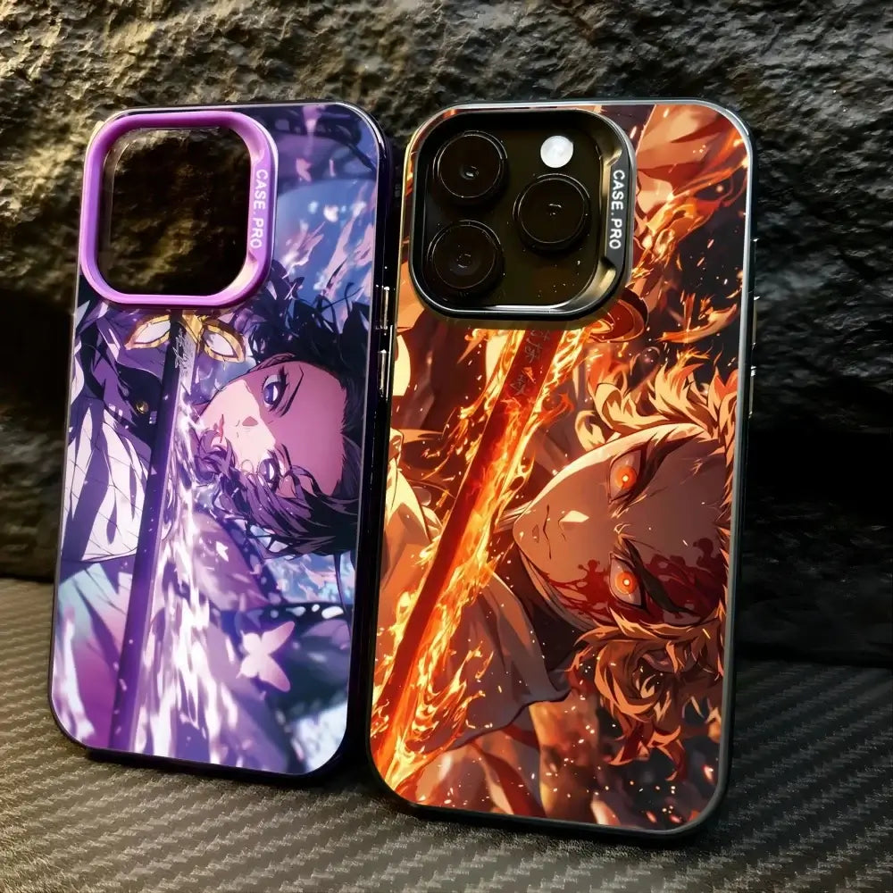 A matte black Demon Slayer Phone Case featuring cool anime character art and shockproof silicone protection for Apple iPhone 16, 15, and 14 Pro Max.