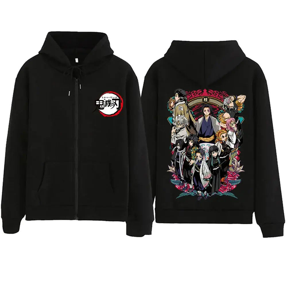 A unisex, oversized Demon Slayer Zipper Hoodie, serving as a full zip anime sweatshirt jacket and coat top for men and women.