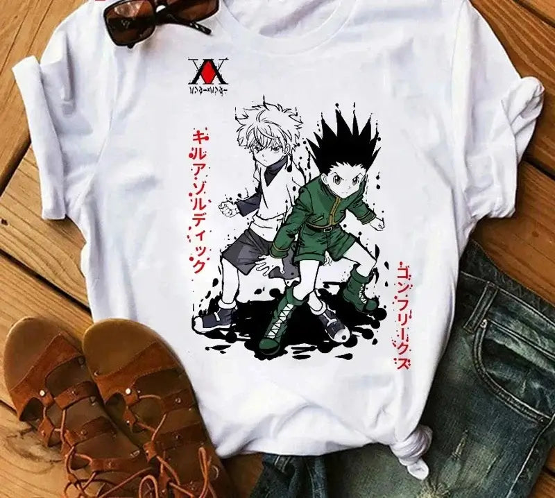 A woman wearing the casual vintage Japanese Anime Hunter X Hunter Graphic T Shirt.