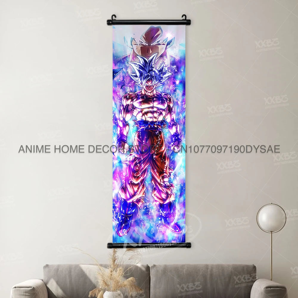 High-definition Dragon Ball Posters hanging scroll wall art featuring Son Goku, Vegeta, and Frieza printed on canvas for home decor.