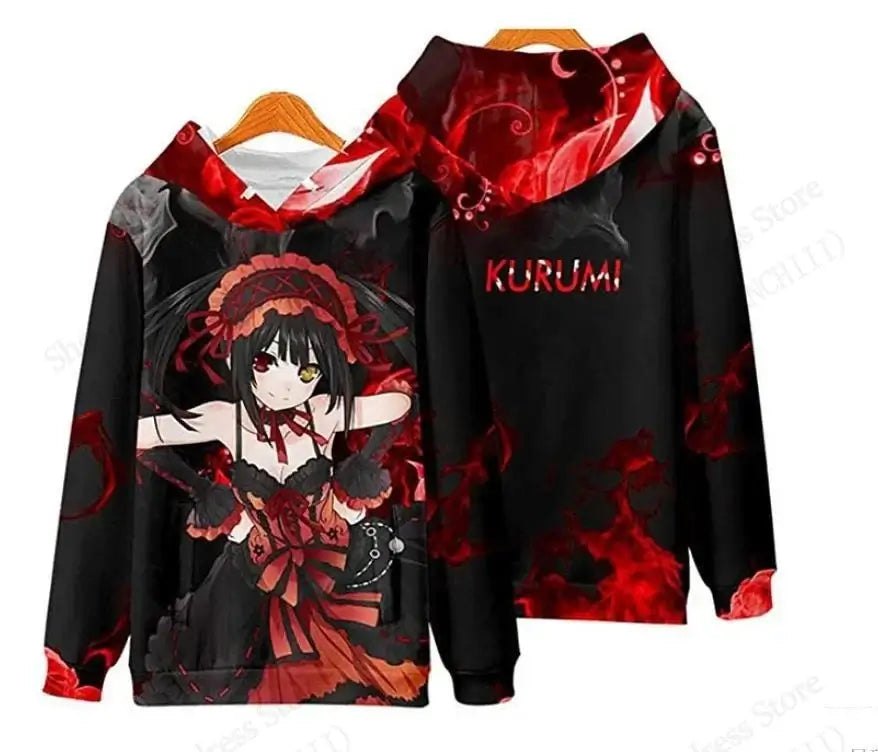 A unisex Anime Kurumi Tokisaki 3d Print Hoodie, designed as a fashion sweatshirt and sexy girl coat for men, women, and boys.