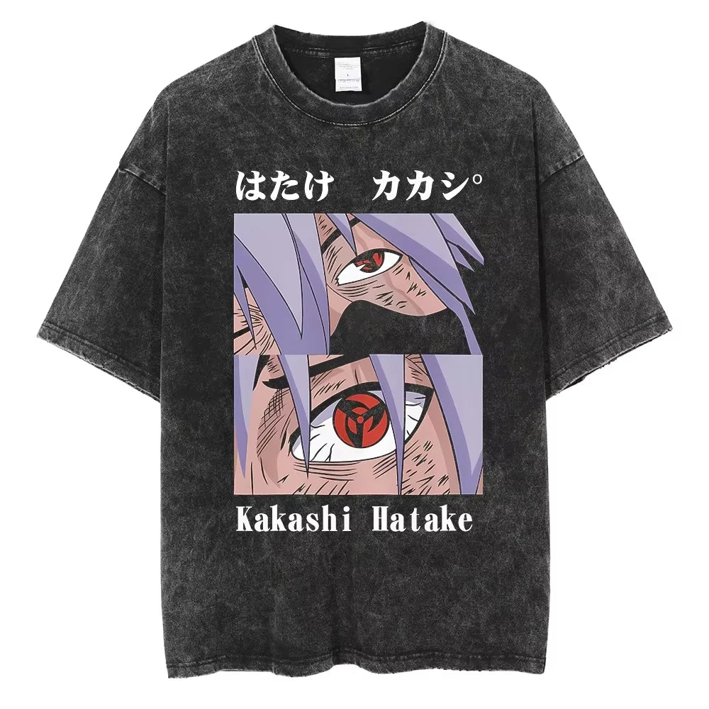 A washed black Naruto Vintage T-Shirt featuring a hip hop style anime print, designed as Harajuku streetwear for men and women.
