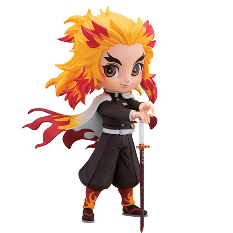 A 15cm kawaii Qposket Demon Slayer Figure made of PVC, featuring characters like Nezuko, Tanjiro, and Rengoku for anime collection.