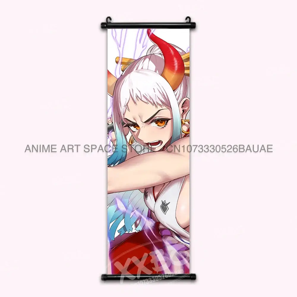 A vibrant One Piece Hanging Painting featuring anime characters Monkey D. Luffy, Portgas D. Ace, Sabo, and Shanks on a canvas scroll for home decor.