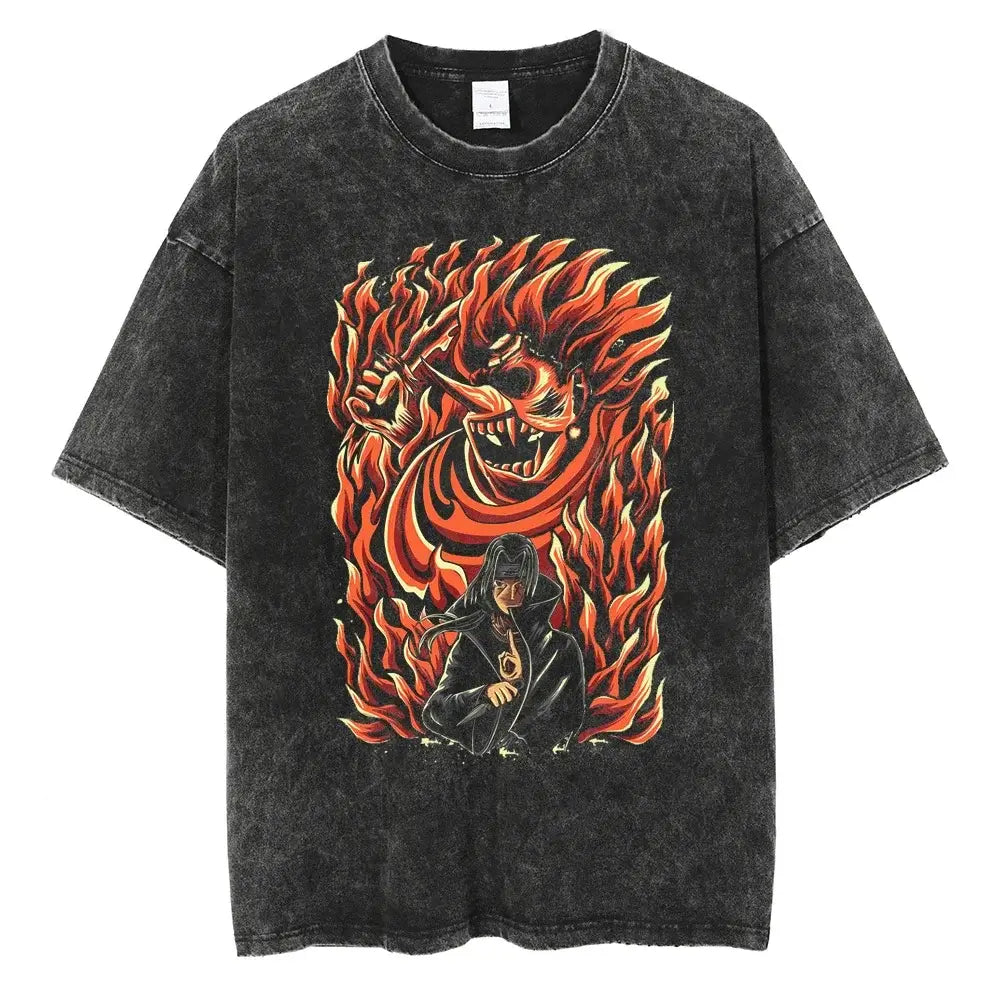 A man wearing the vintage black Japanese Anime Naruto Print T Shirt in a Harajuku hip hop streetwear style.