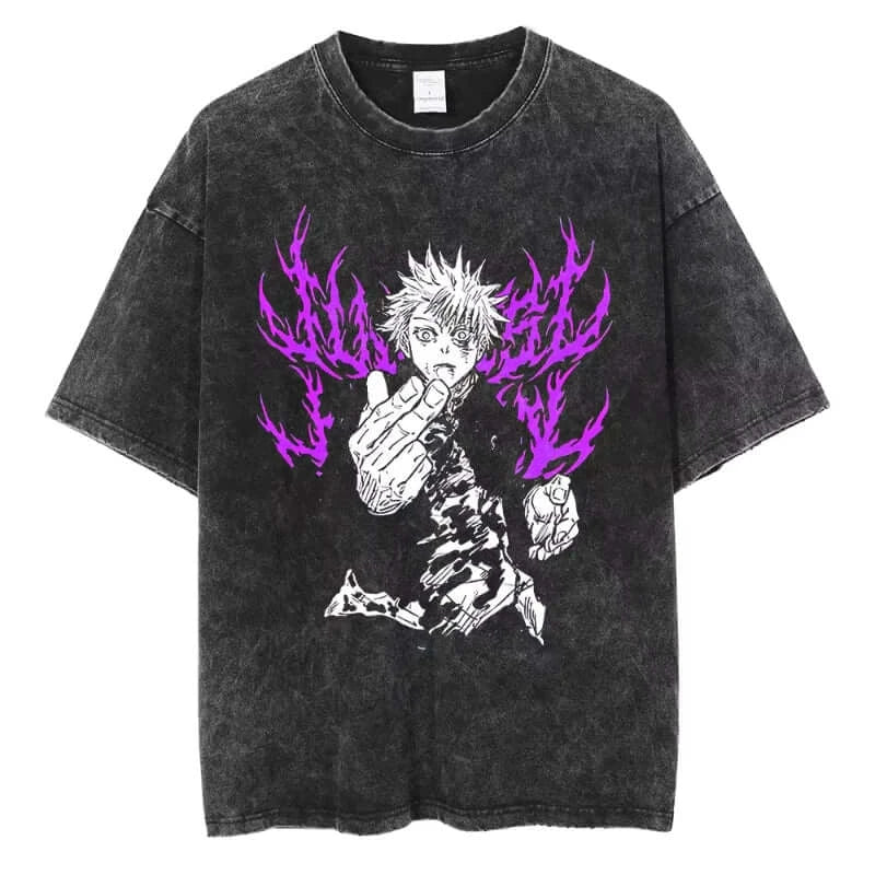 A vintage-style Ryomen Sukuna Washed T-Shirt in oversized cotton, featuring a high-definition graphic of the King of Curses for anime streetwear.