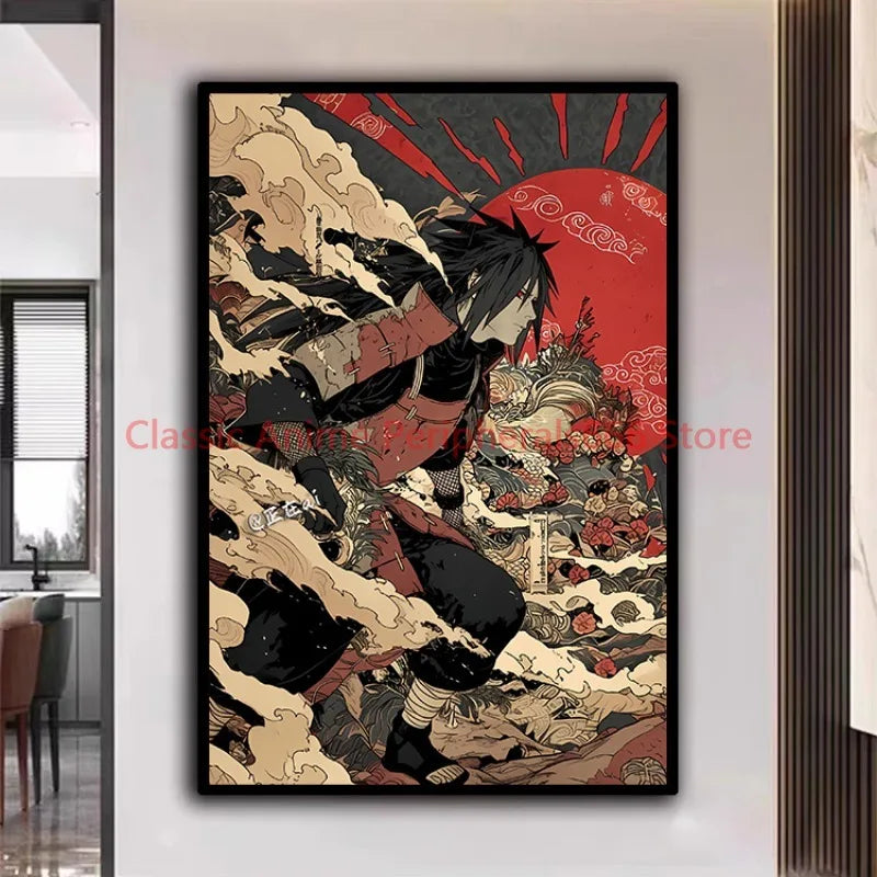 A traditional Ukiyo-e style Naruto Poster canvas painting featuring Akatsuki members Itachi and Sasuke for aesthetic home decor.