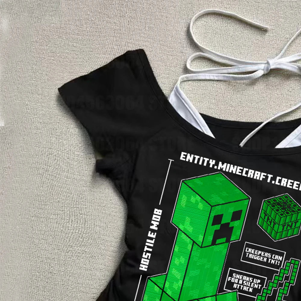 A model wearing the Punk Gothic Slim Baby Tee, a Y2k fake two-piece off-shoulder top in a Harajuku streetwear style.