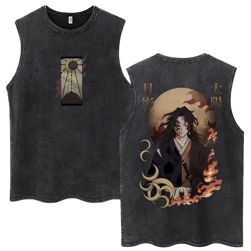 A washed retro Zenitsu Demon Slayer Tank Top featuring Agatsuma Zenitsu manga art, sleeveless cotton summer streetwear for men and women.