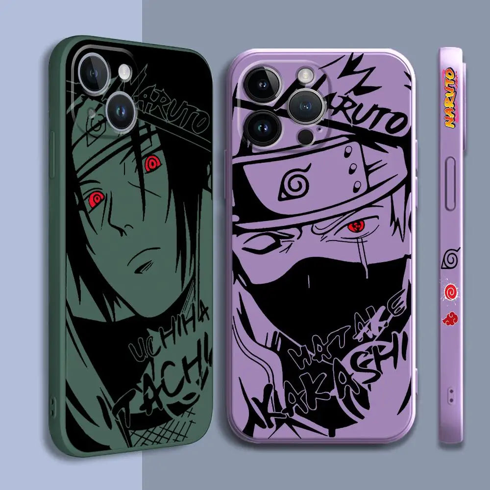 A premium Kakashi Itachi Phone Case featuring square liquid silicone design and anime art for Apple iPhone 15, 14, and 13 Pro Max.