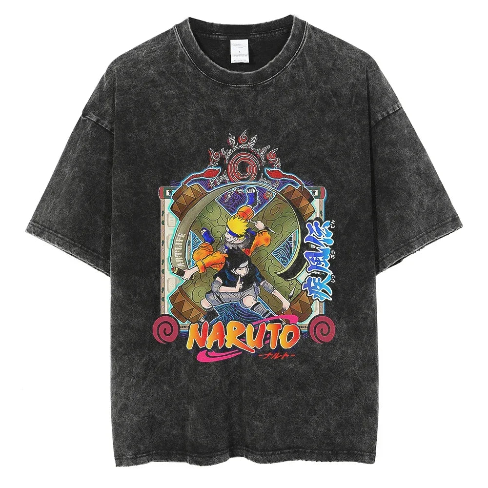 Men's vintage Naruto Rock Lee Streetwear T Shirt in a washed black style, featuring an anime graphic of the taijutsu master.